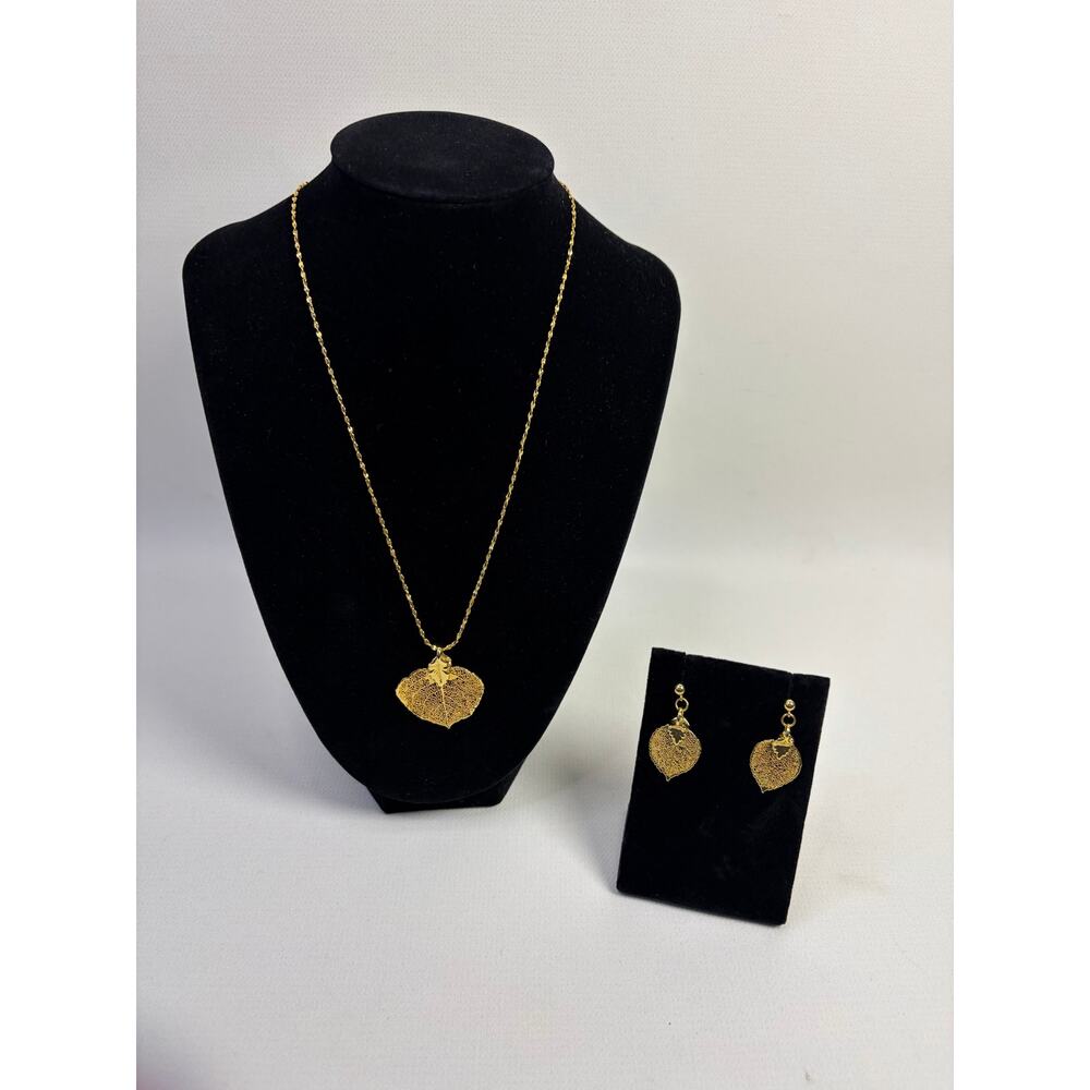 Gold dipped Aspen Leaf Pendant Necklace with Matching Earrings Set